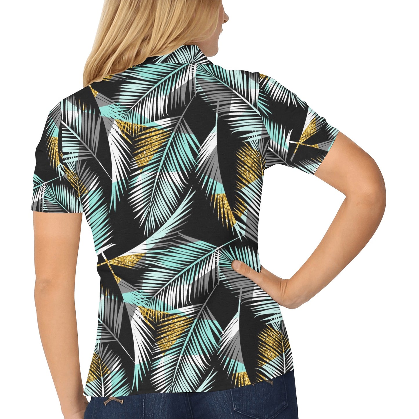 Gold Glitter Cyan Tropical Palm Leaves Women's Polo Shirt