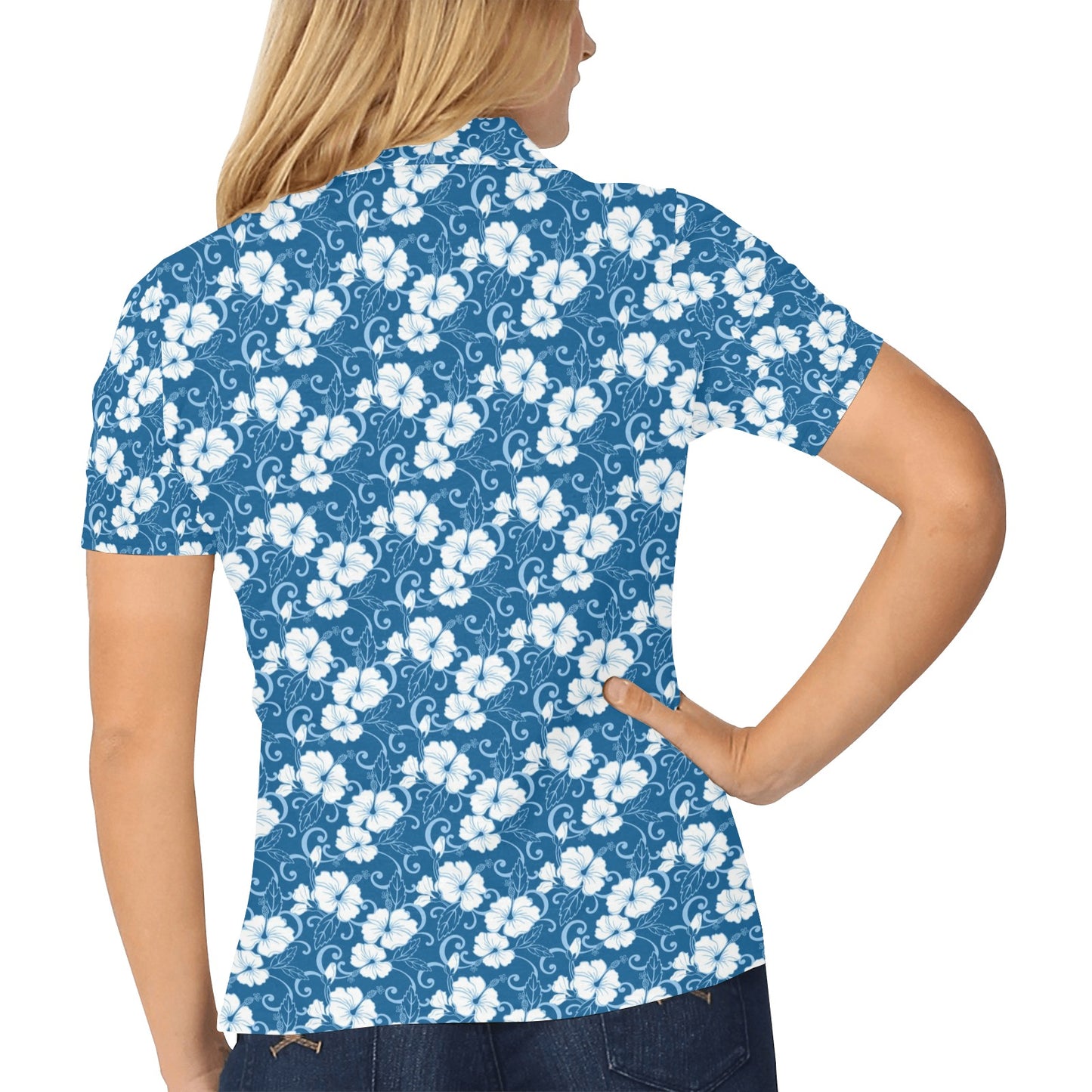 Hibiscus Blue Flower Hawaiian Print Women's Polo Shirt