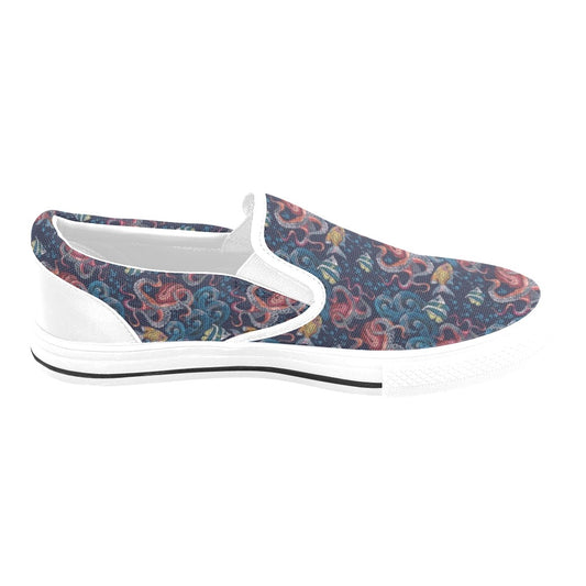 Underwater Giant Squid Print Design LKS302 White Slip Ons Canvas Women's Shoes