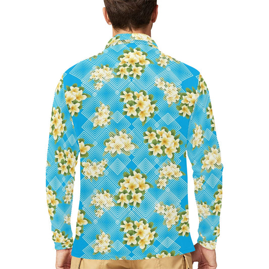 Yellow Plumeria Design Print Pattern Long Sleeve Polo Shirt For Men's