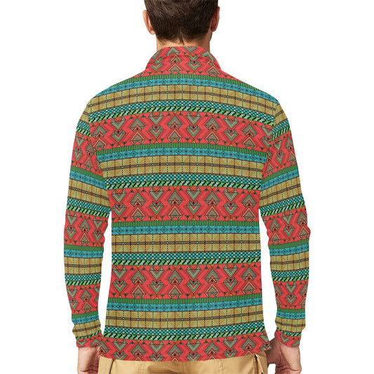 African Colorful Zigzag Print Pattern Long Sleeve Polo Shirt For Men's