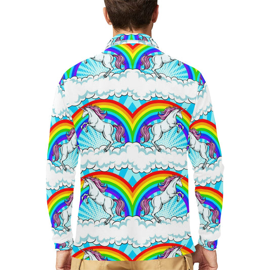 Unicorn Rainbow Long Sleeve Polo Shirt For Men's