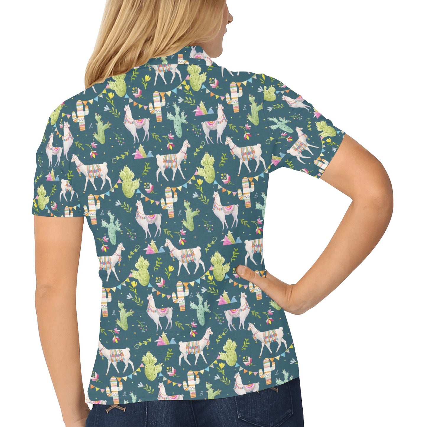 Llama with Cactus Design Print Women's Polo Shirt