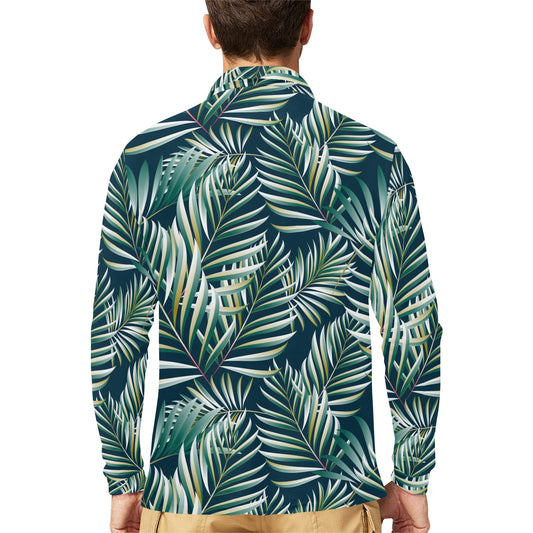 Sun Spot Tropical Palm Leaves hower Curtain Long Sleeve Polo Shirt For Men's
