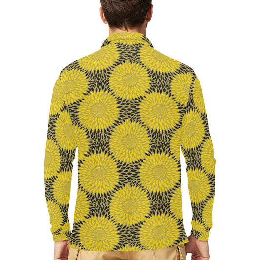 Sunflower Pattern Print Design SF06 Long Sleeve Polo Shirt For Men's