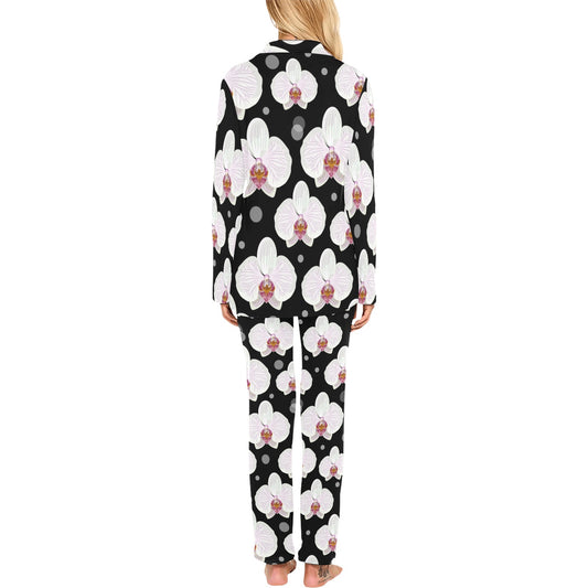 Orchid White Pattern Print Design OR09 Women's Long Pajama Set