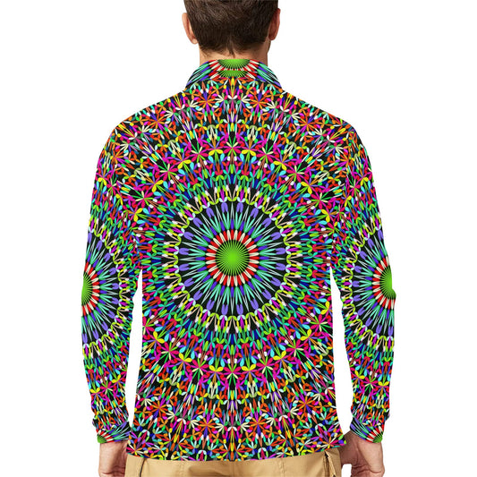 Bohemian Colorful Style Print Long Sleeve Polo Shirt For Men's