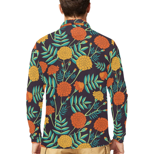 Marigold Pattern Print Design MR01 Long Sleeve Polo Shirt For Men's