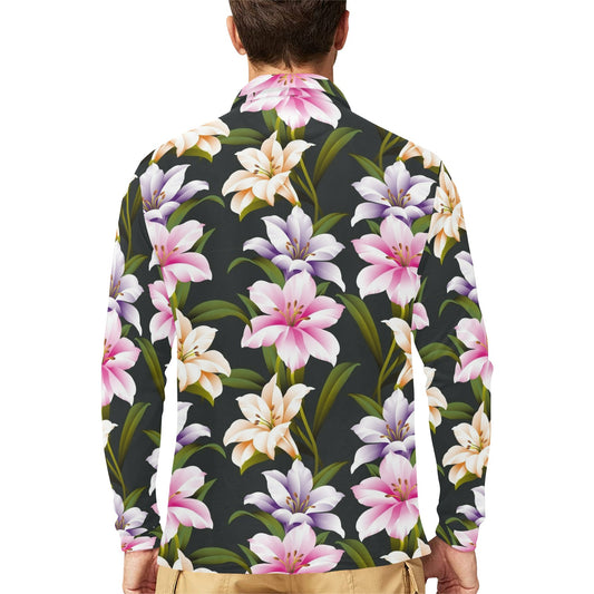 Lily Pattern Print Design LY01 Long Sleeve Polo Shirt For Men's