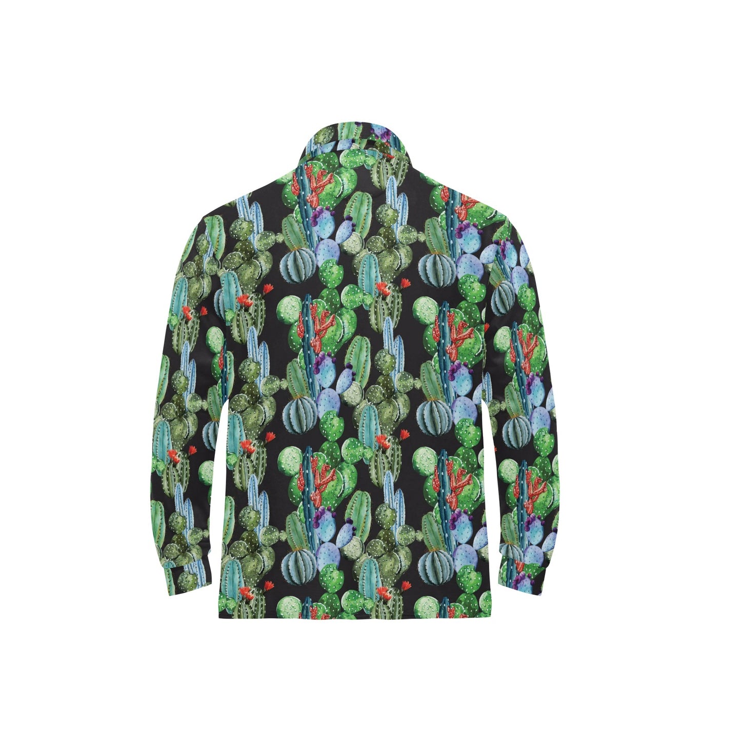 Cactus Watercolor Style Print Long Sleeve Polo Shirt For Men's