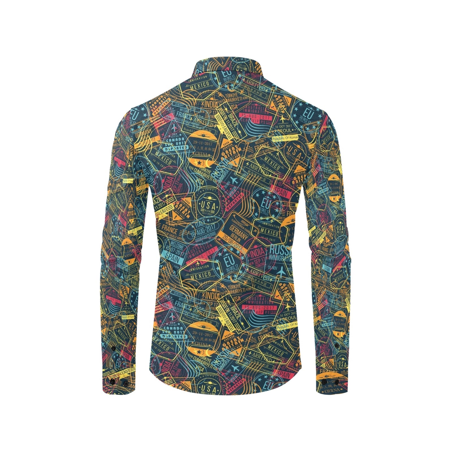 Travel Stamp Colorful Print Design LKS304 Men's Long Sleeve Dress Shirt