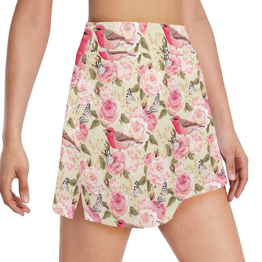 Bird Butterfly Pink Flower Print Pattern 17" Golf & Pickleball Skort with Pockets