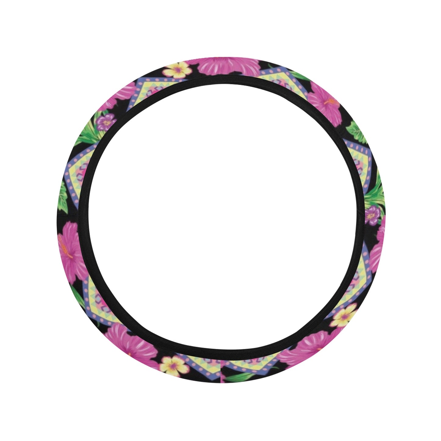 Hibiscus Pink Zigzag Line Pattern Design LKS307 Steering Wheel Cover with Elastic Edge