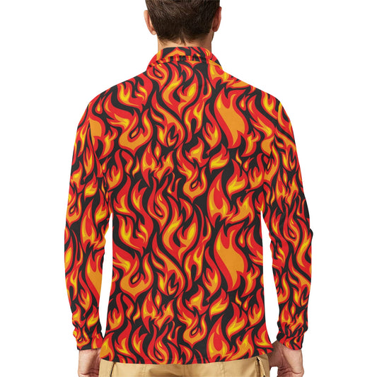 Flame Fire Print Pattern Long Sleeve Polo Shirt For Men's