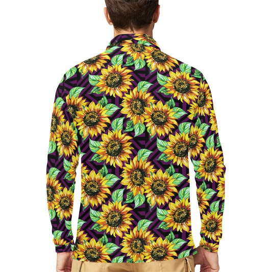 Sunflower Pattern Print Design SF012 Long Sleeve Polo Shirt For Men's