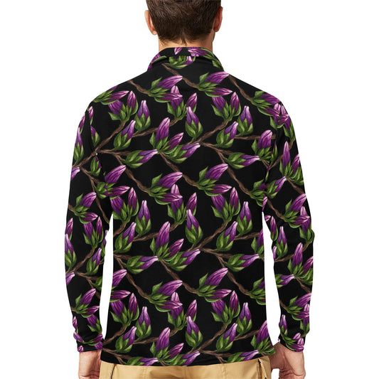 Magnolia Pattern Print Design MAG010 Long Sleeve Polo Shirt For Men's