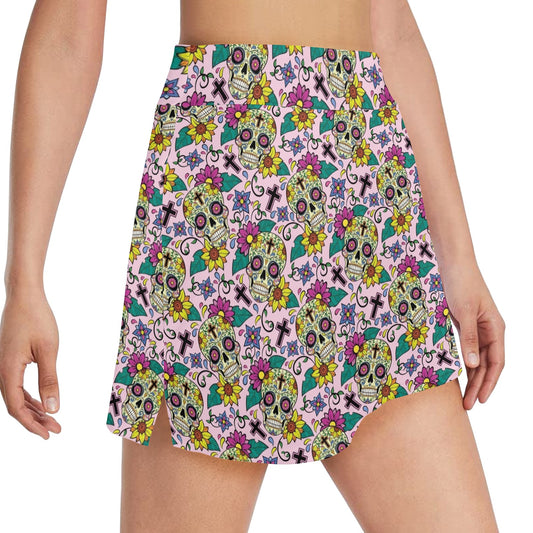 Sugar Skull Print Design LKS307 17" Golf & Pickleball Skort with Pockets