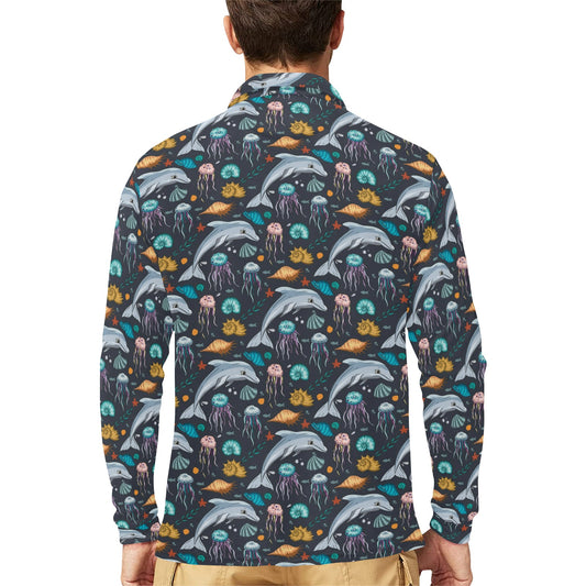 Underwater Dolphin Print Design LKS304 Long Sleeve Polo Shirt For Men's