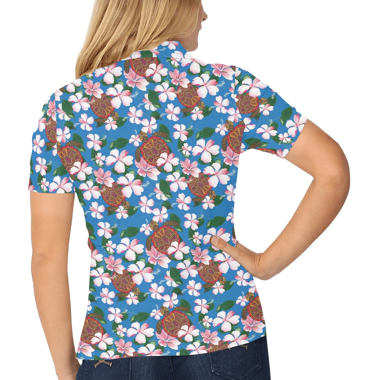 Sea Turtle Pink Hibiscus Hawaiian Print Women's Polo Shirt