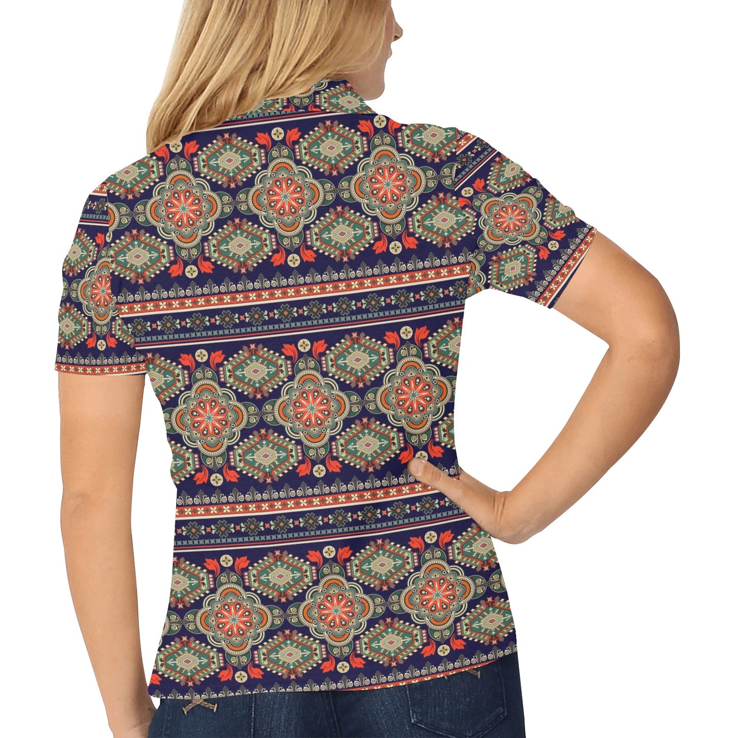 Ethnic Geometric Print Pattern Women's Polo Shirt