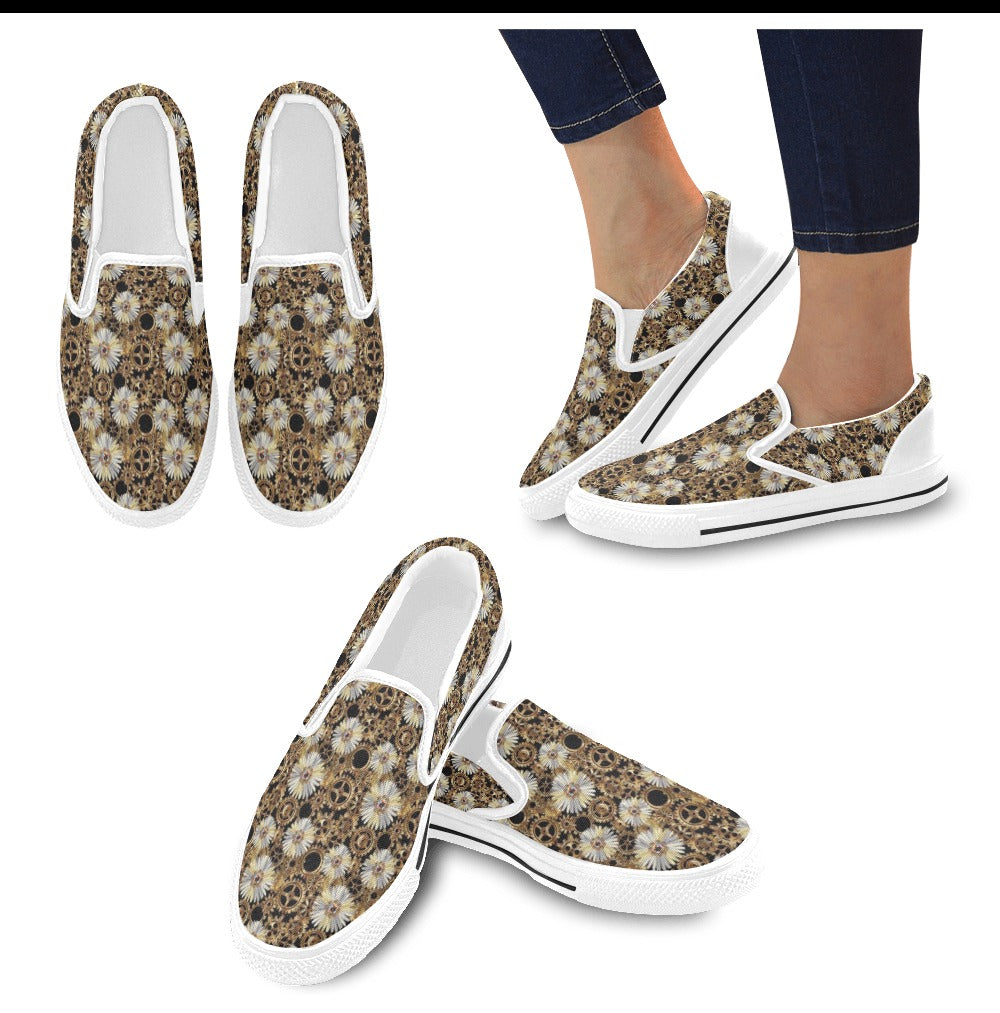 Steampunk Print Design LKS305 White Slip Ons Canvas Women's Shoes