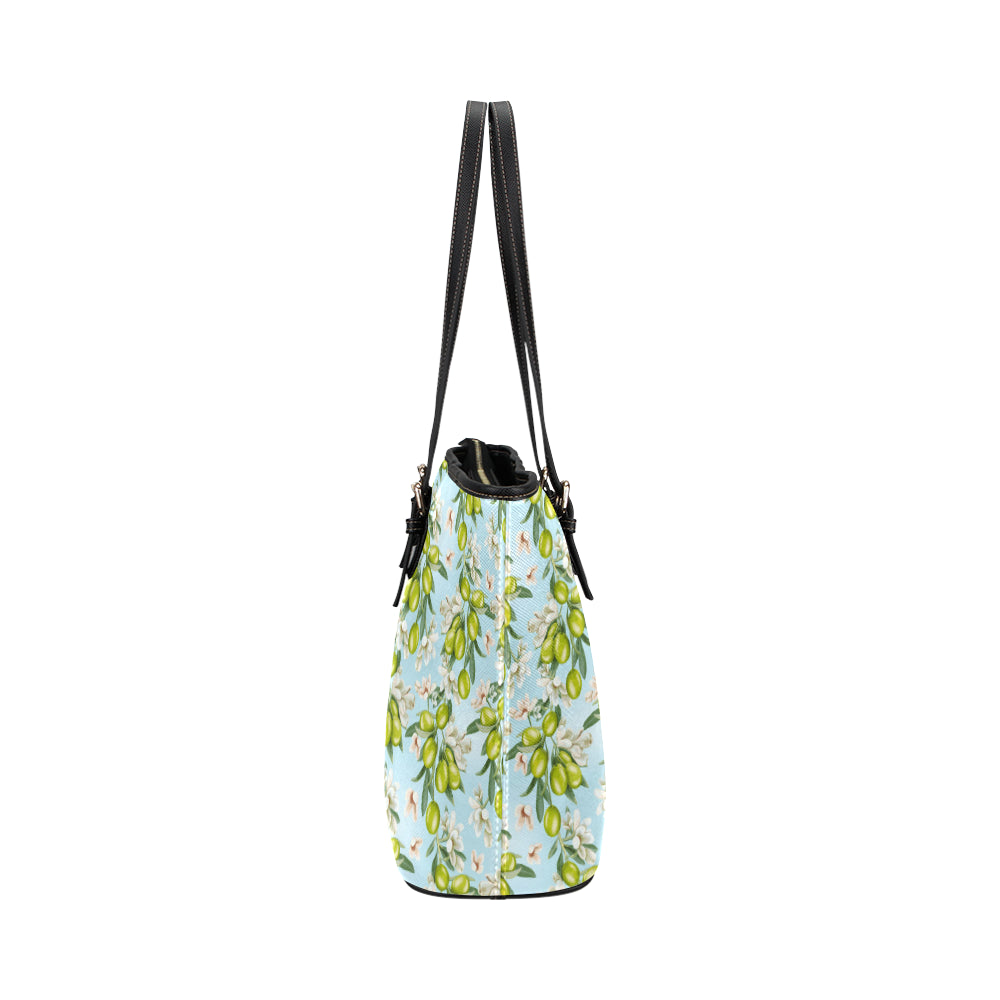 Elegant Olive Floral Print Leather Tote Bag