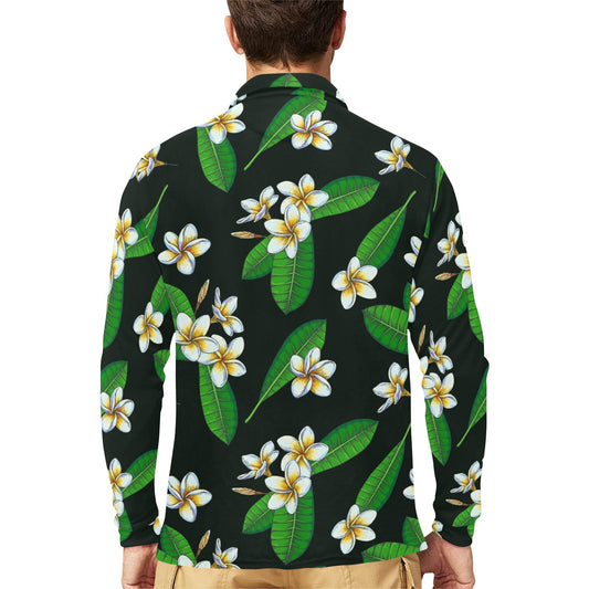 White Plumeria Pattern Print Design PM023 Long Sleeve Polo Shirt For Men's
