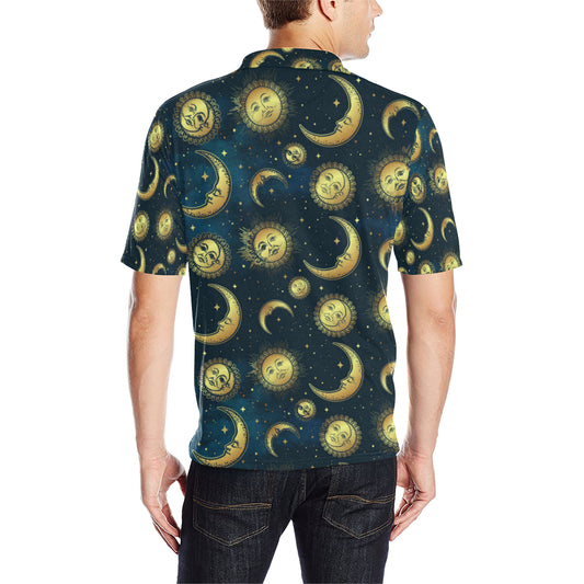 Gold Sun Moon Face Men Polo Shirt