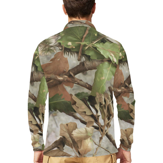 Camo Realistic Tree Forest Print Long Sleeve Polo Shirt For Men's