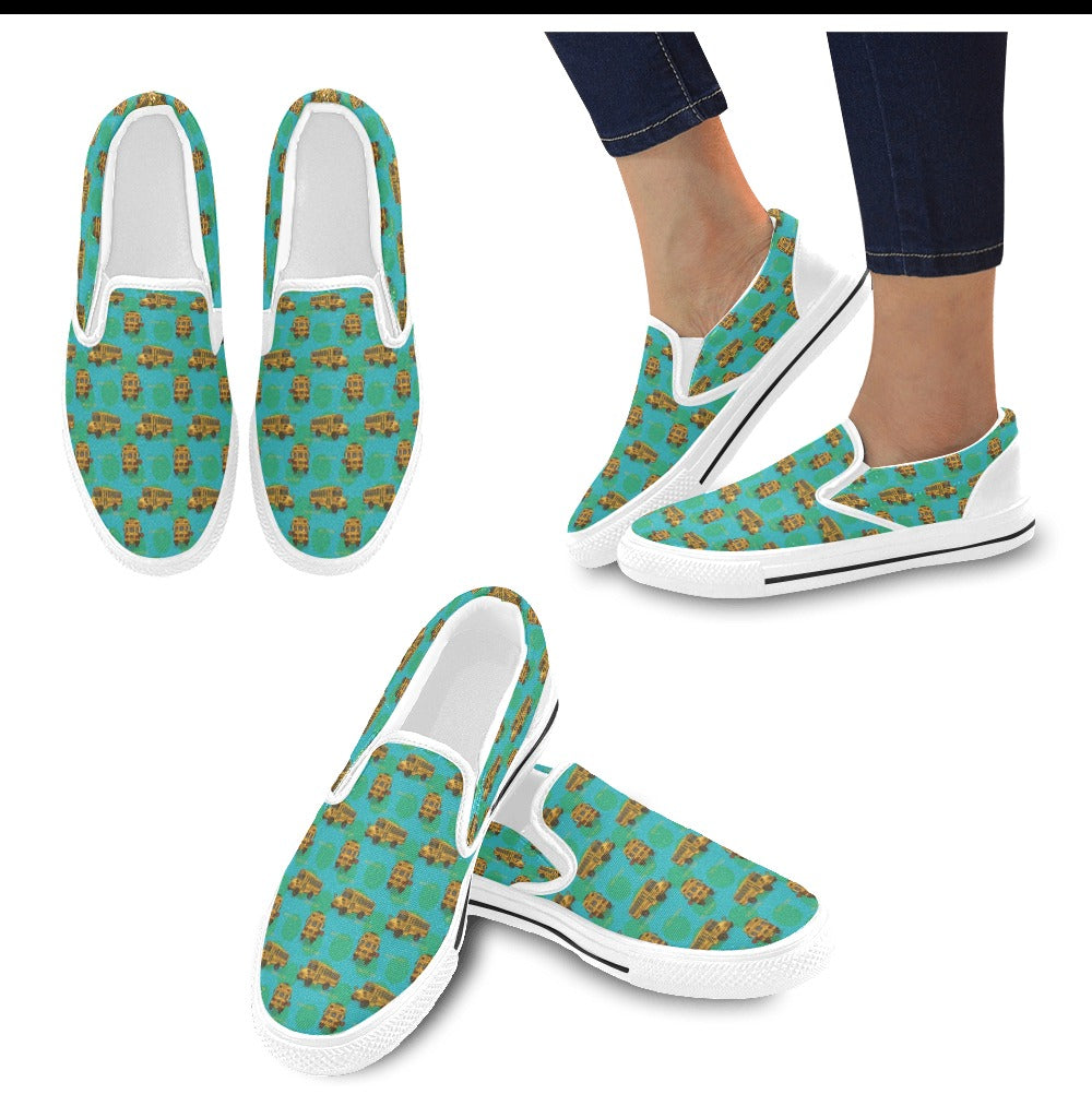School Bus Print Design LKS308 White Slip Ons Canvas Women's Shoes