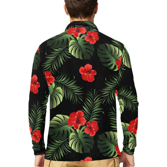 Red Hibiscus Tropical Long Sleeve Polo Shirt For Men's
