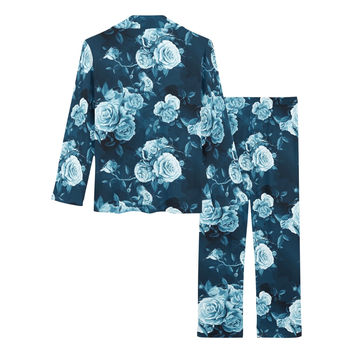 Rose Blue Pattern Print Design RO014 Women's Long Pajama Set