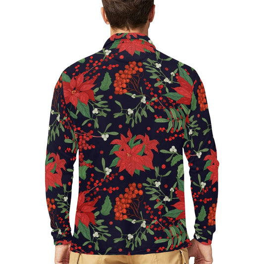 Poinsettia Pattern Print Design POT02 Long Sleeve Polo Shirt For Men's