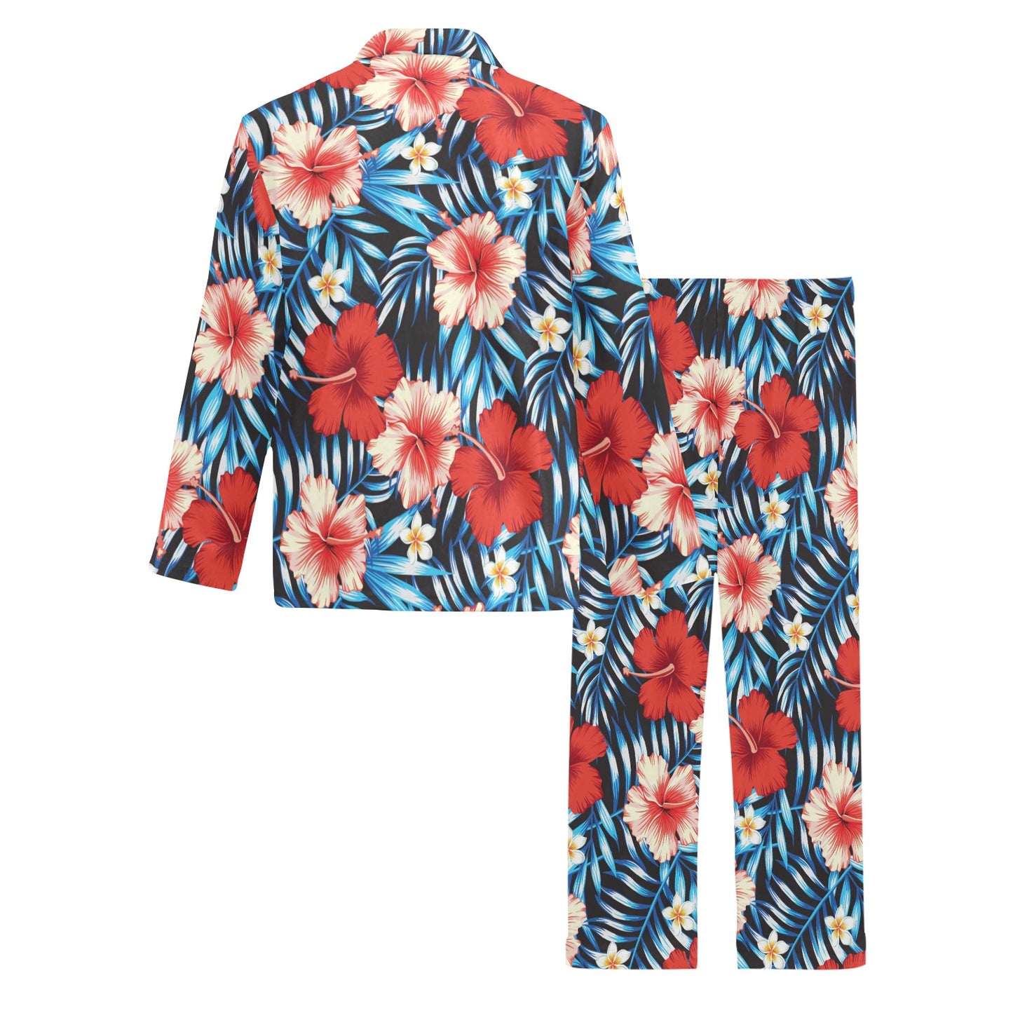 Red Hibiscus Blue Scene Men's Long Pajama Set