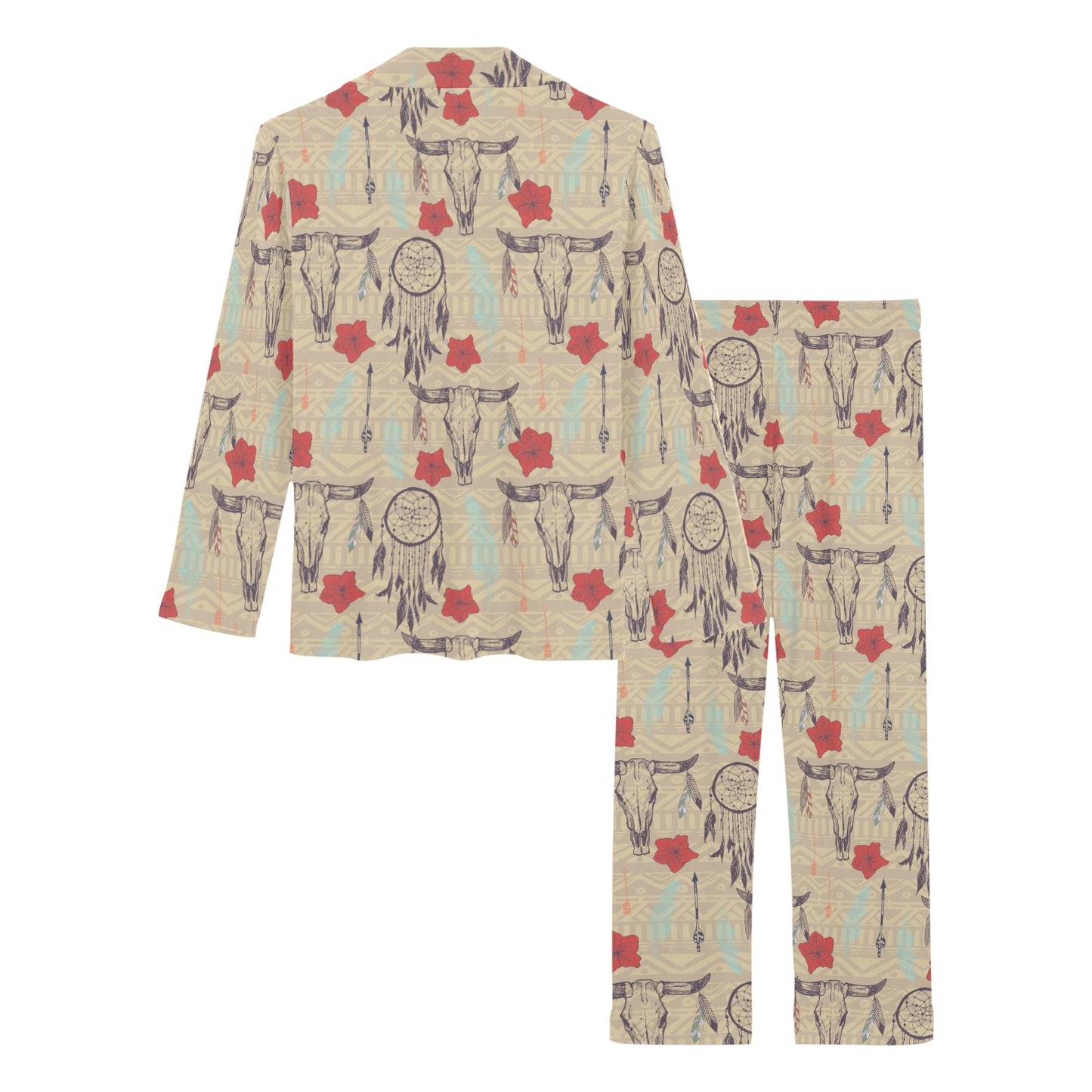 Native Buffalo Head Themed Design Print Women's Long Pajama Set