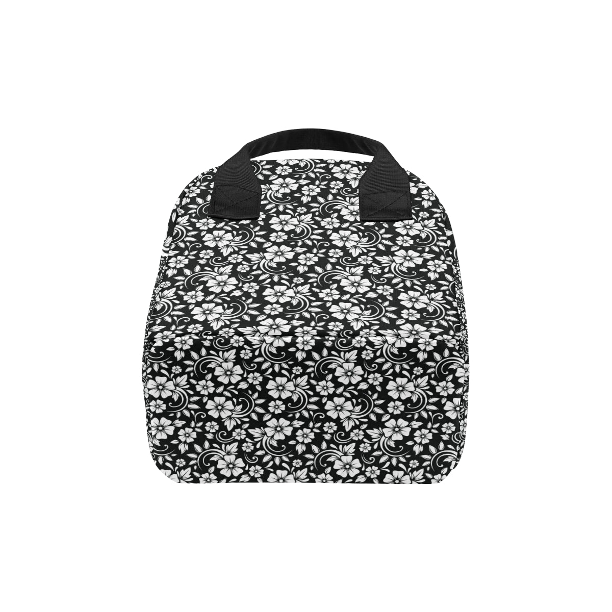 Floral Black White Themed Print Insulated Lunch Bag