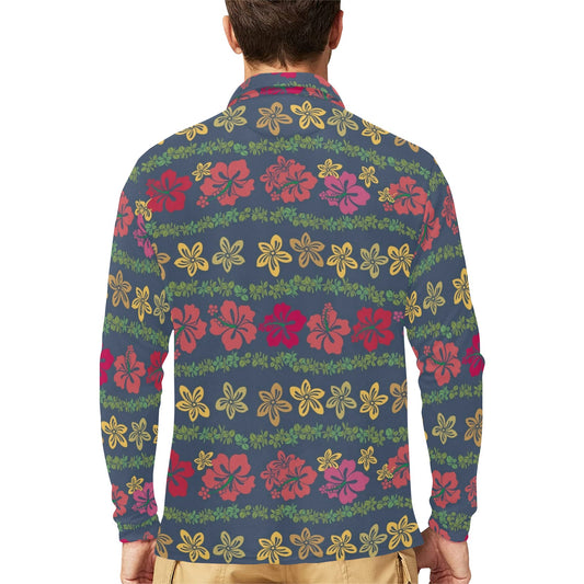 Hawaiian Themed Pattern Print Design H018 Long Sleeve Polo Shirt For Men's