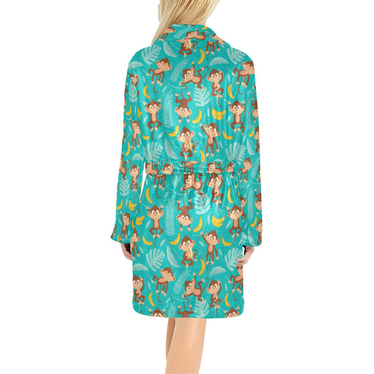 Monkey Happy Design Themed Print Women's Fleece Robe