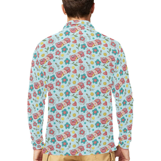 Crochet Pattern Print Design 01 Long Sleeve Polo Shirt For Men's
