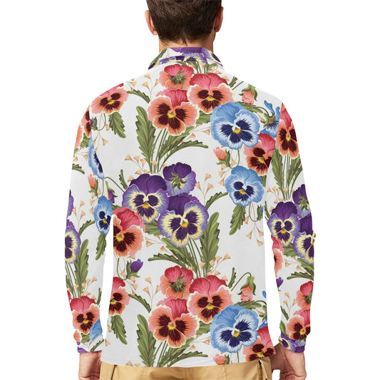 Pansy Pattern Print Design PS06 Long Sleeve Polo Shirt For Men's