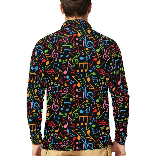Music Note Colorful Themed Print Long Sleeve Polo Shirt For Men's