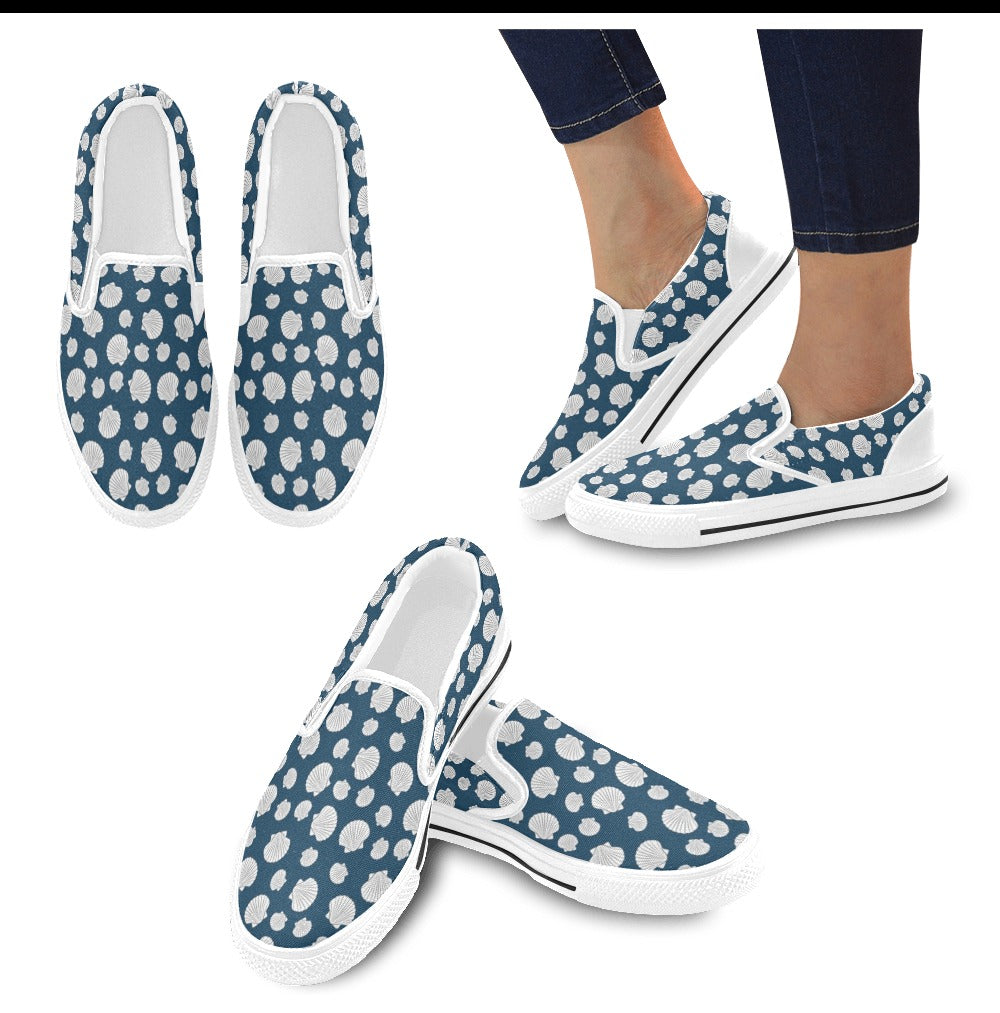 Seashell Print Design LKS3012 White Slip Ons Canvas Women's Shoes
