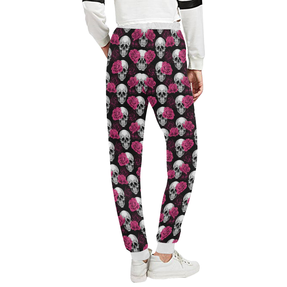 Pink Rose Skull Themed Print Unisex Sweatpants