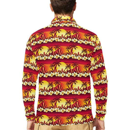 Hawaiian Tropical Sunset Hibiscus Print Long Sleeve Polo Shirt For Men's
