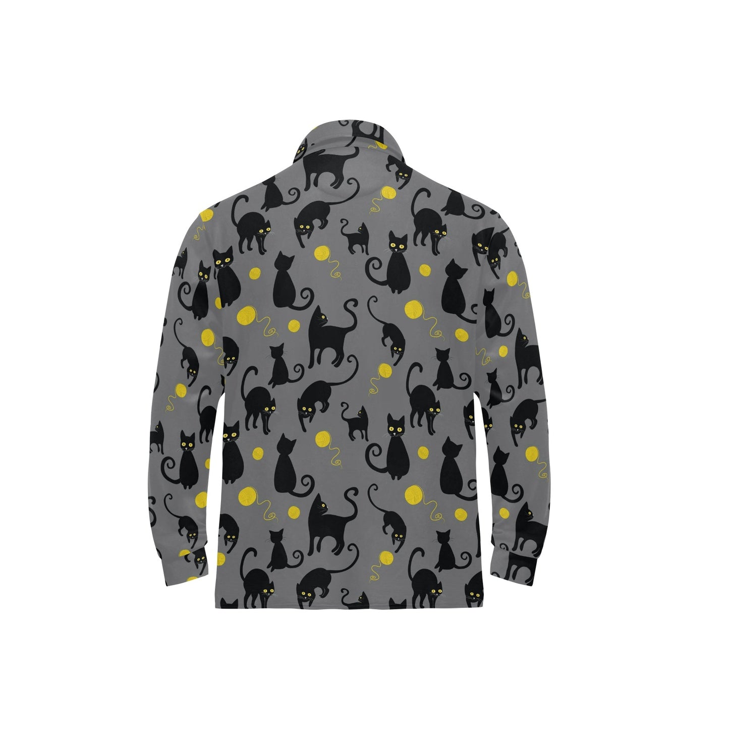 Black Cat Yellow Yarn Print Pattern Long Sleeve Polo Shirt For Men's