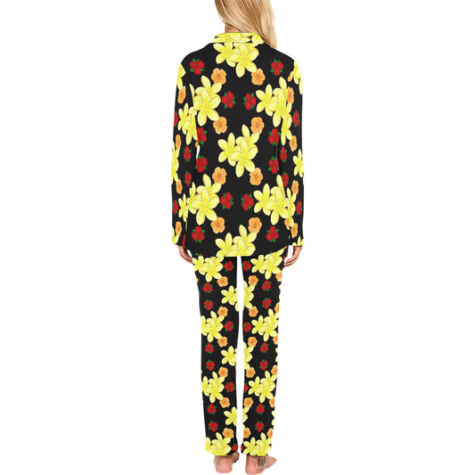 Yellow Plumeria Pattern Print Design PM04 Women's Long Pajama Set