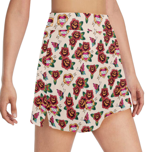 Tattoo Rose Print Design LKS302 17" Golf & Pickleball Skort with Pockets