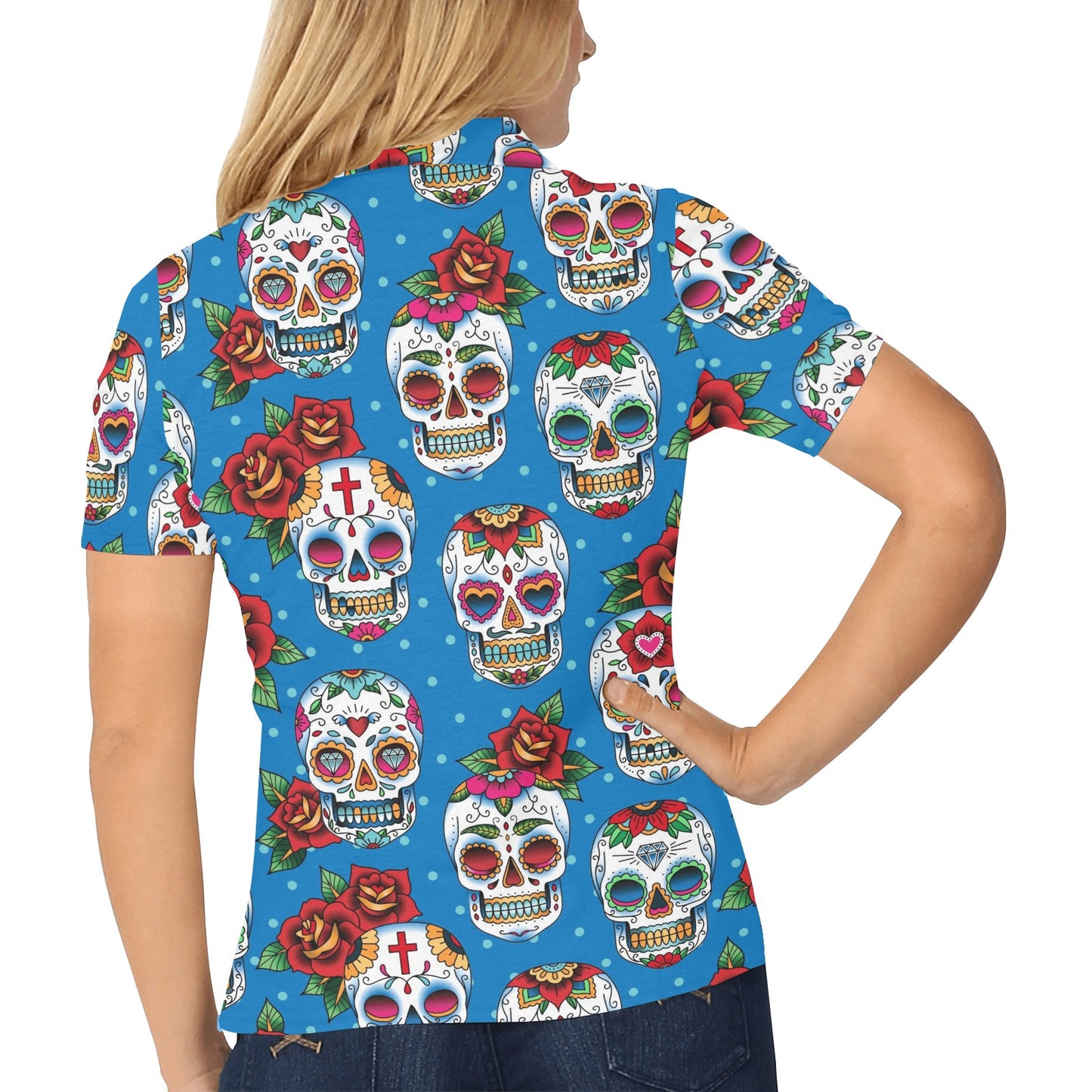 Sugar Skull Rose Pattern Women's Polo Shirt