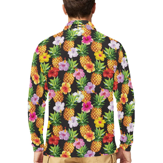 Pineapple Hibiscus Long Sleeve Polo Shirt For Men's