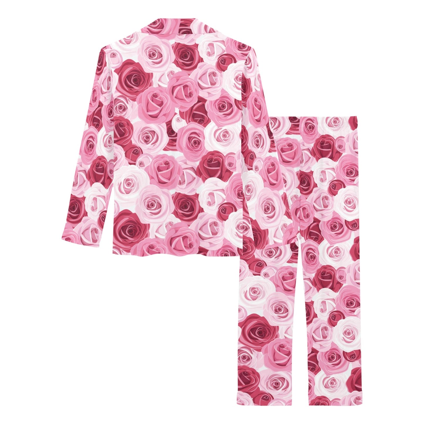 Pink Red Rose Pattern Print Women's Long Pajama Set